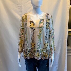 Cupcakes & Cashmere Almeta Yellow Pink Floral Embroidered Blouse - Size L